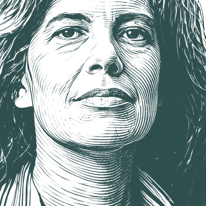 Engraved portrait of Susan Sontag, facing right