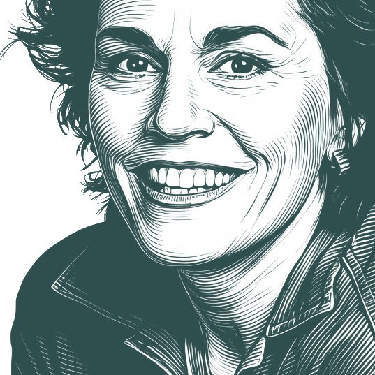 Engraved portrait of Rita Mae Brown, facing left