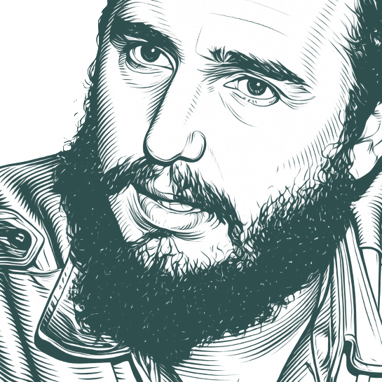 Engraved portrait of Fidel Castro, facing left