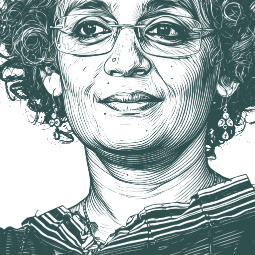 Engraved portrait of Arundhati Roy, facing left