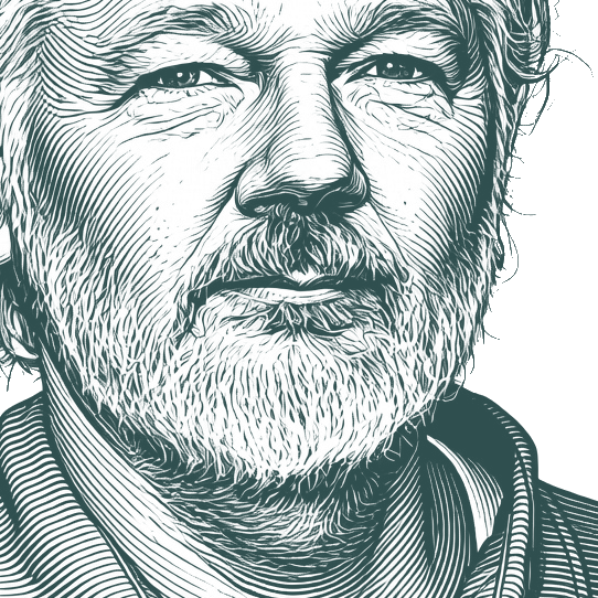 Engraved portrait of Julian Assange, facing right