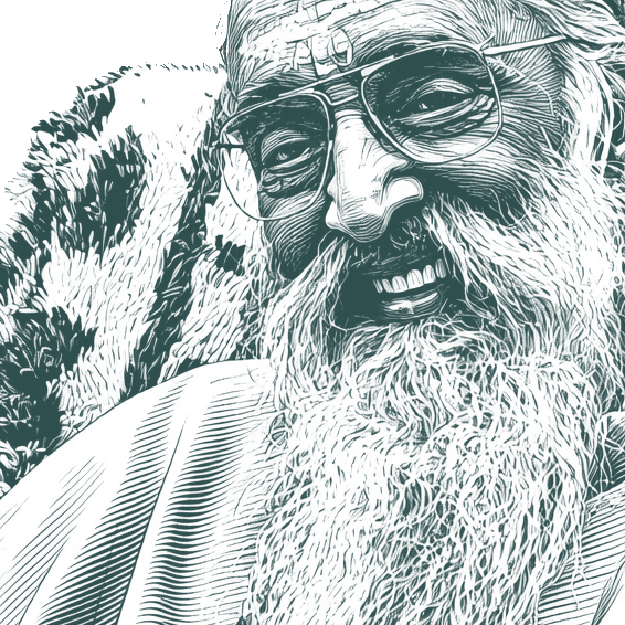 Engraved portrait of Chinmayananda Saraswati, facing left