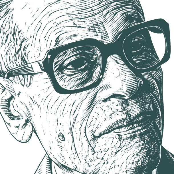 Engraved portrait of Naguib Mahfouz, facing right