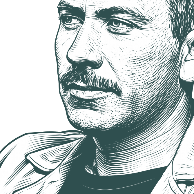 Engraved portrait of John Steinbeck, facing left