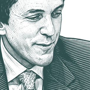 Engraved portrait of Mitch Albom, facing right