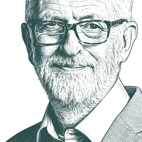 Engraved portrait of Jeremy Corbyn, facing left