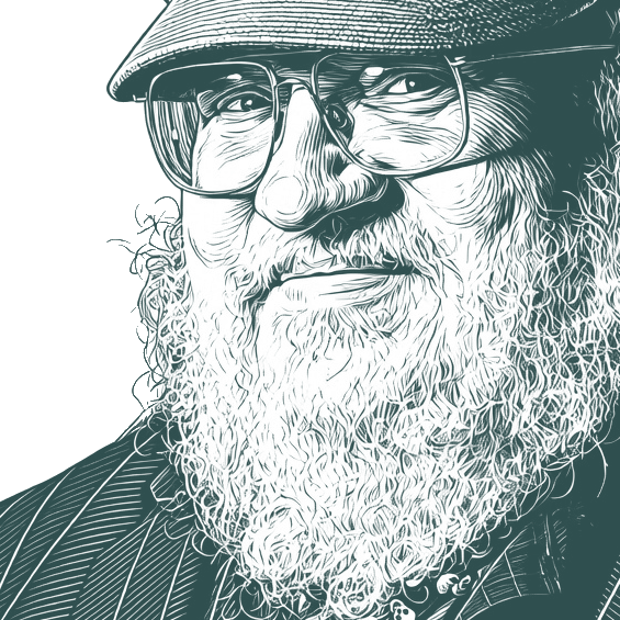 Engraved portrait of George R. R. Martin, facing left