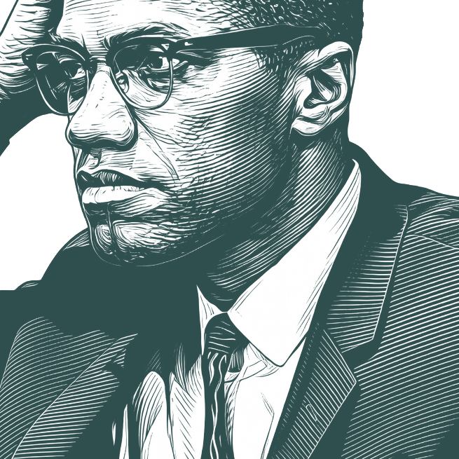 Engraved portrait of Malcolm X, facing left