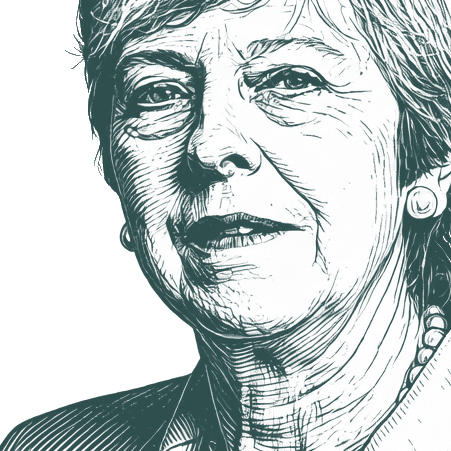 Engraved portrait of Theresa May, facing left