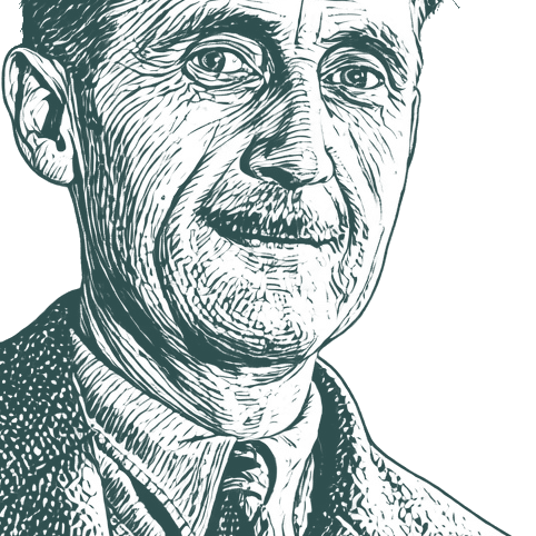 Engraved portrait of George Orwell, facing left