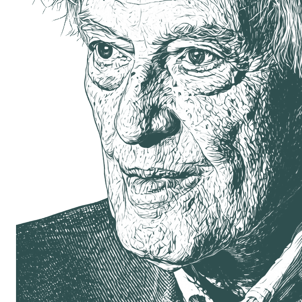 Engraved portrait of Tom Stoppard, facing left
