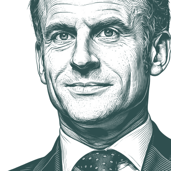Engraved portrait of Emmanuel Macron, facing left