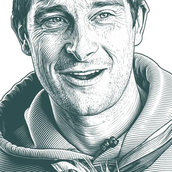 Engraved portrait of Bear Grylls, facing right