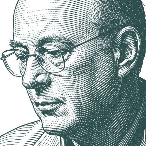 Engraved portrait of Philip Pullman, facing left