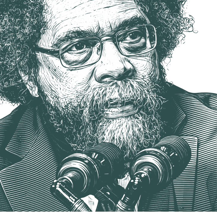 Engraved portrait of Cornel West, facing right