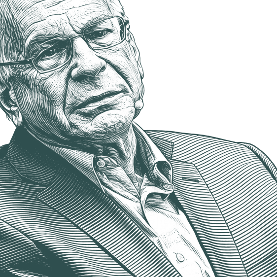 Engraved portrait of Daniel Kahneman, facing right