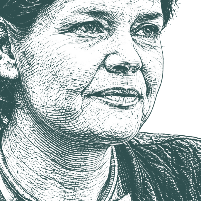 Engraved portrait of Kate Raworth, facing right