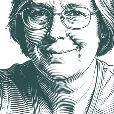 Engraved portrait of Lois McMaster Bujold, facing left
