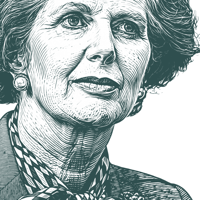 Engraved portrait of Margaret Thatcher, facing right