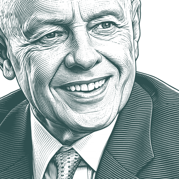 Engraved portrait of Stephen Covey, facing right