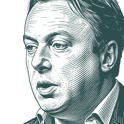 Engraved portrait of Christopher Hitchens, facing left