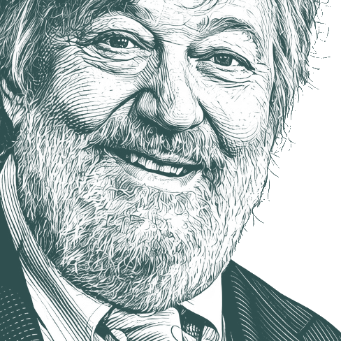 Engraved portrait of Stephen Fry, facing right