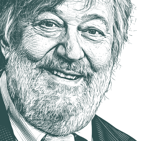 Engraved portrait of Stephen Fry, facing right