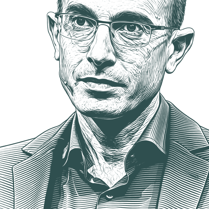 Engraved portrait of Yuval Noah Harari, facing left