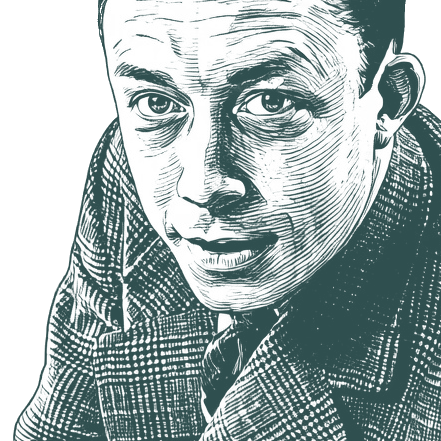 Engraved portrait of Albert Camus, facing left