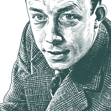 Engraved portrait of Albert Camus, facing left