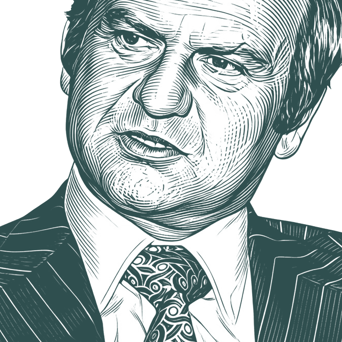 Engraved portrait of Lee Iacocca, facing left