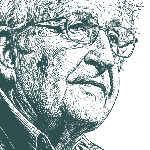 Engraved portrait of Noam Chomsky, facing right