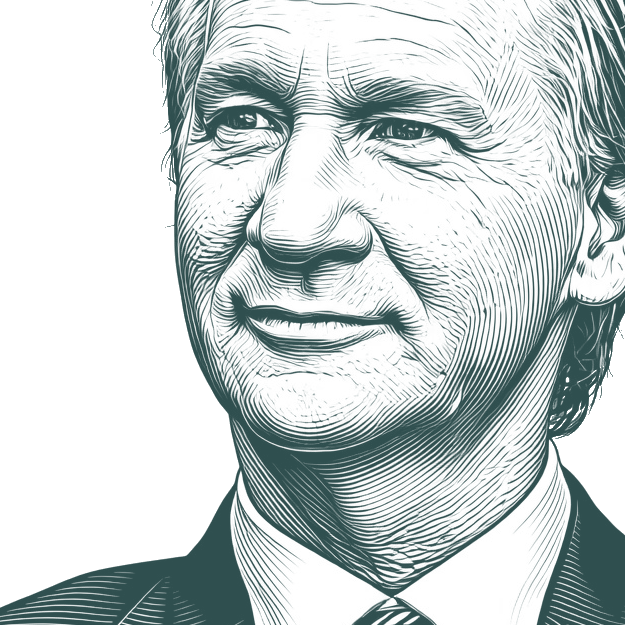 Engraved portrait of Bill Maher, facing left