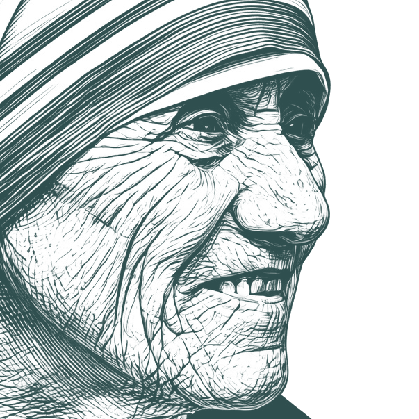 Engraved portrait of Mother Teresa, facing right