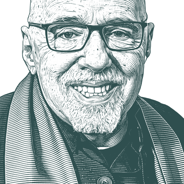 Engraved portrait of Paulo Coelho, facing right