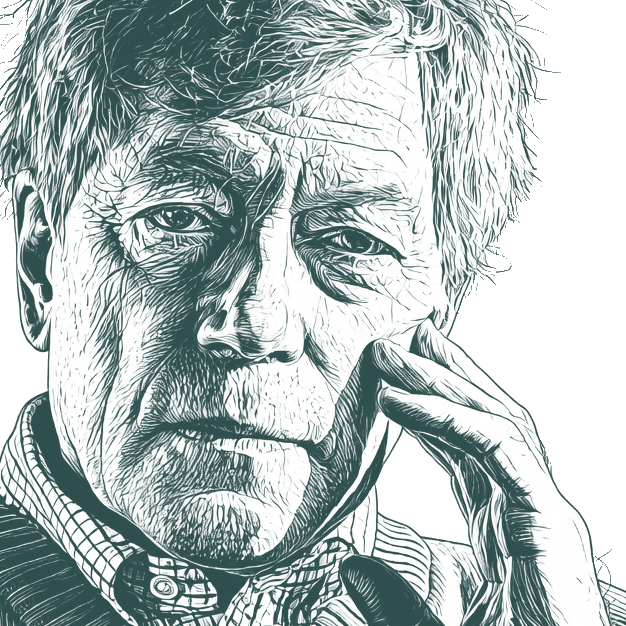 Engraved portrait of Roger Scruton, facing right