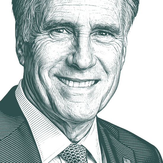 Engraved portrait of Mitt Romney, facing right