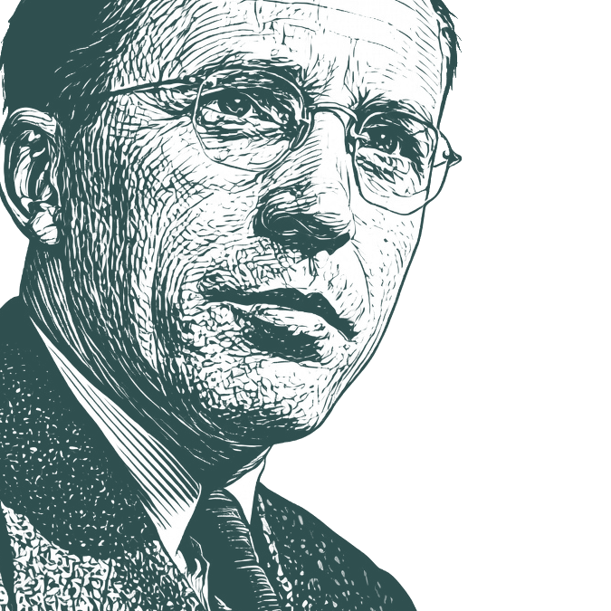 Engraved portrait of Tommy Douglas, facing right