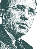 Engraved portrait of Tommy Douglas, facing right