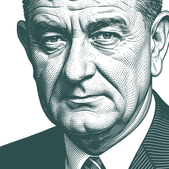 Engraved portrait of Lyndon B. Johnson, facing left