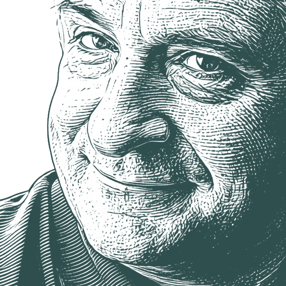 Engraved portrait of Douglas Adams, facing left