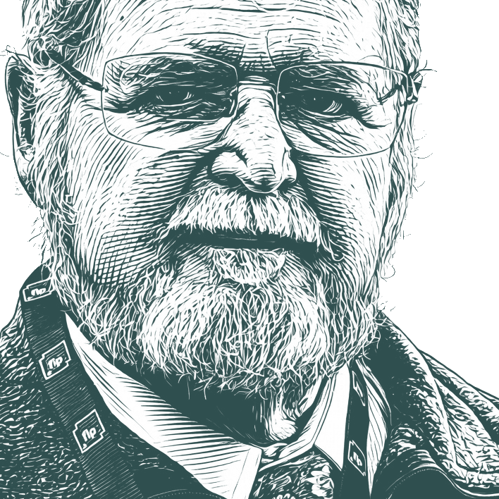 Engraved portrait of Larry Niven, facing right