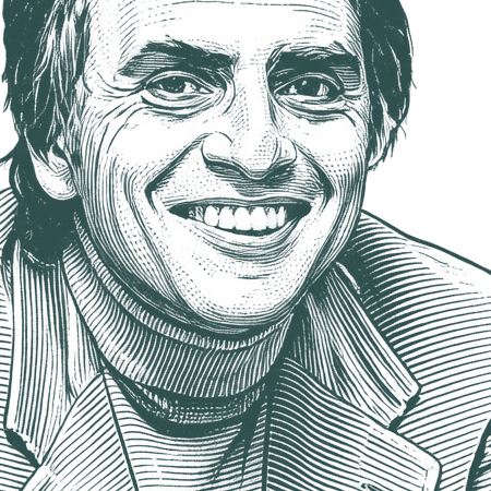 Engraved portrait of Carl Sagan, facing right