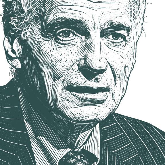 Engraved portrait of Ralph Nader, facing right