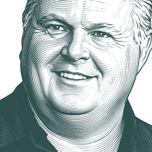 Engraved portrait of Rush Limbaugh, facing left