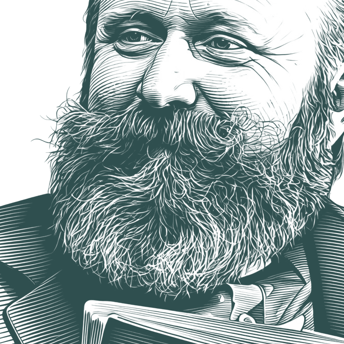 Engraved portrait of Frank Herbert, facing left
