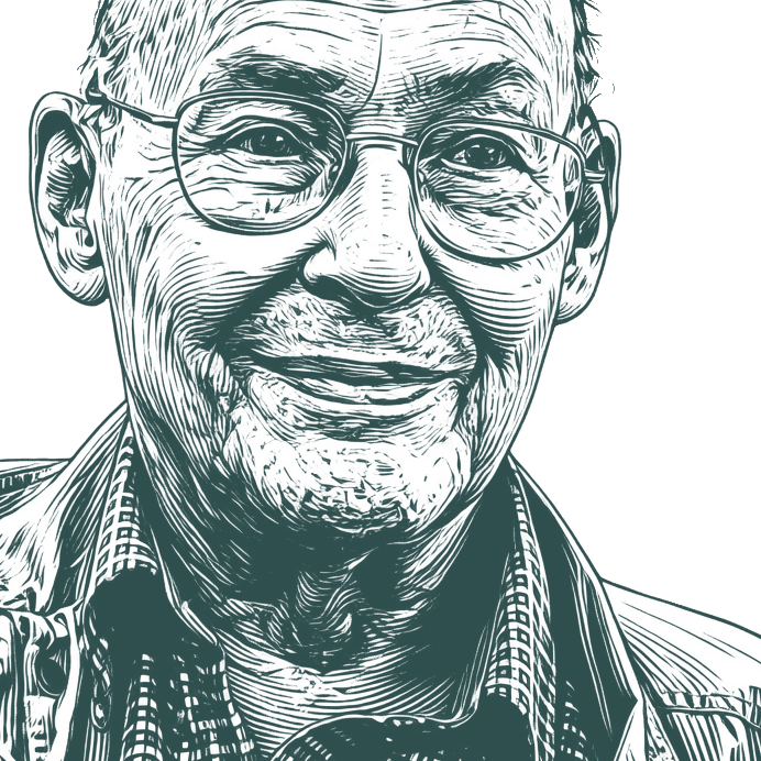 Engraved portrait of Marvin Minsky, facing right