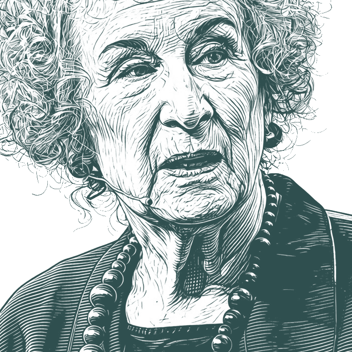 Engraved portrait of Margaret Atwood, facing right