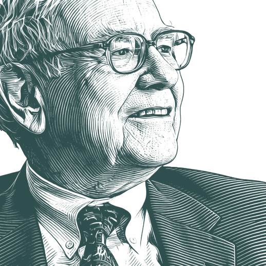Engraved portrait of Warren Buffett, facing right