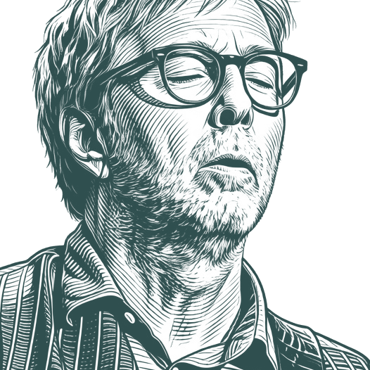 Engraved portrait of Eric Clapton, facing right